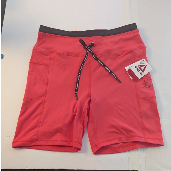 Reebok Pants - Reebok Fitted High Rise Shorts Womens L Coral Red Pockets Drawstring NWT